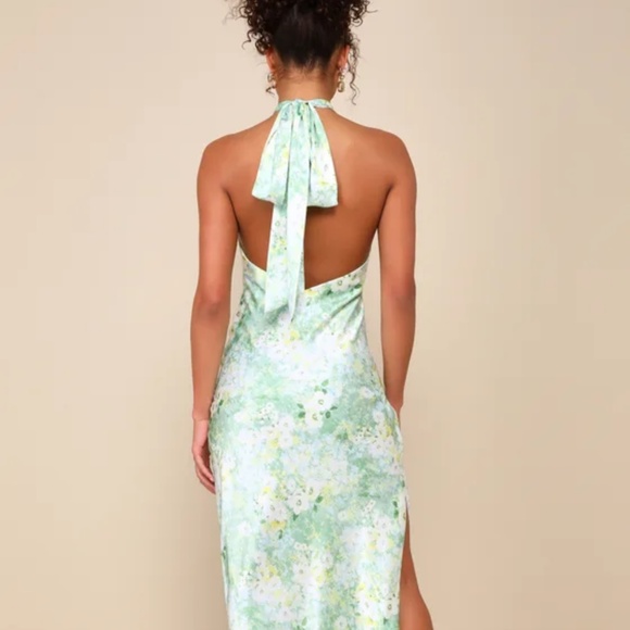 Lulus Glowing Presence Light Green Floral Satin Halter Maxi Dress - Size S - Picture 2 of 4